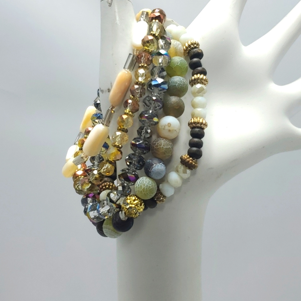BKE 5 row earth tone color glass beads Stretch bracelet
